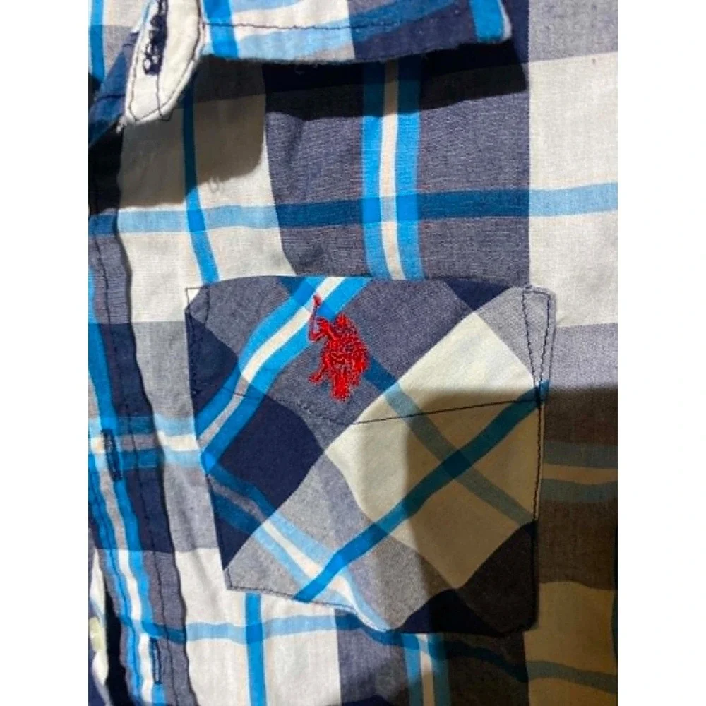 Boys US POLO Association Blue White Plaid Button Down Shor Sleeve Shirt Collar 7
